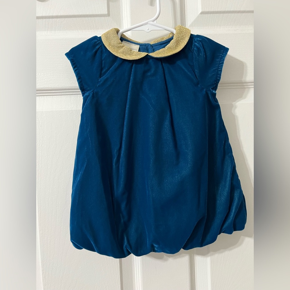 First Impressions Blue Velvet w/Gold Collar Bubble Dress - 12 months